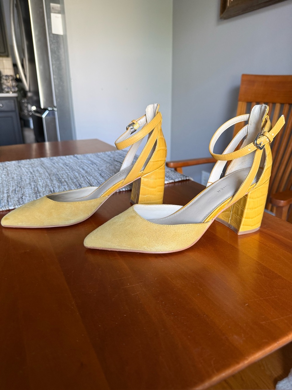 Marc Fisher Yellow Ankle-Strap Pointed Block Heels